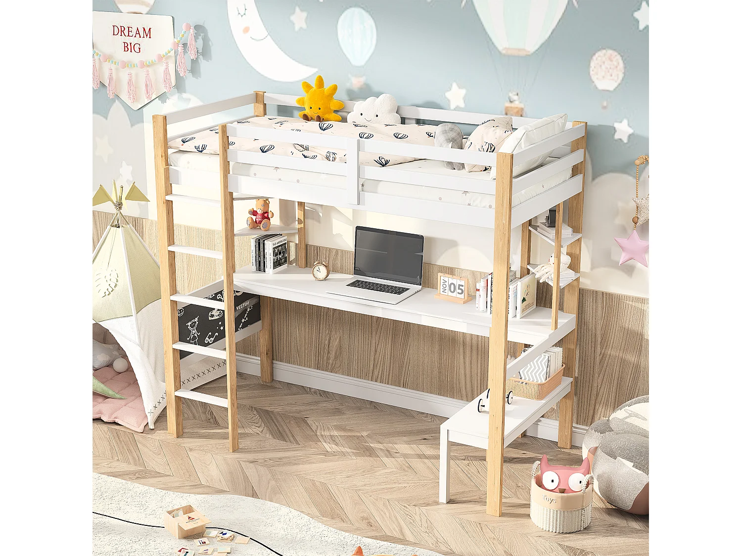 Lit mezzanine 90x200 cm, lit enfant avec bureau et étagères de rangement, échelles, sommier à lattes – Bois + MDF, Blanc + Naturel