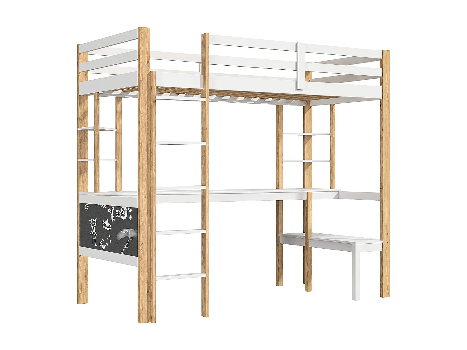 Lit mezzanine 90x200 cm, lit enfant avec bureau et étagères de rangement, échelles, sommier à lattes – Bois + MDF, Blanc + Naturel