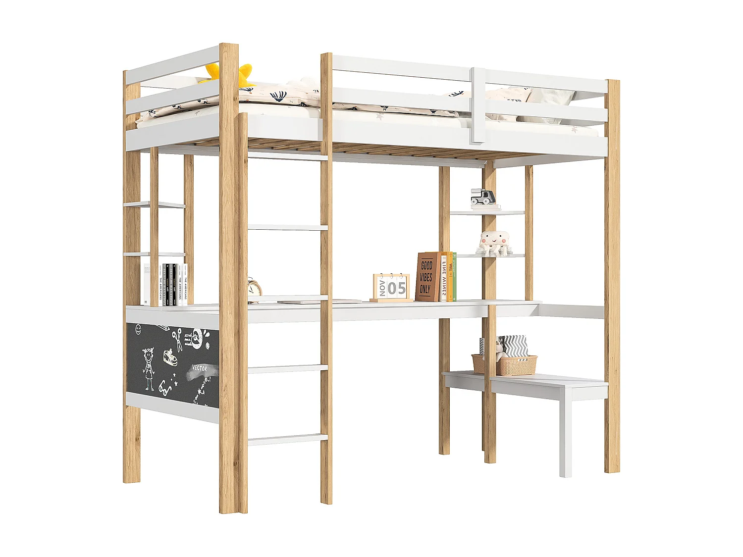 Lit mezzanine 90x200 cm, lit enfant avec bureau et étagères de rangement, échelles, sommier à lattes – Bois + MDF, Blanc + Naturel