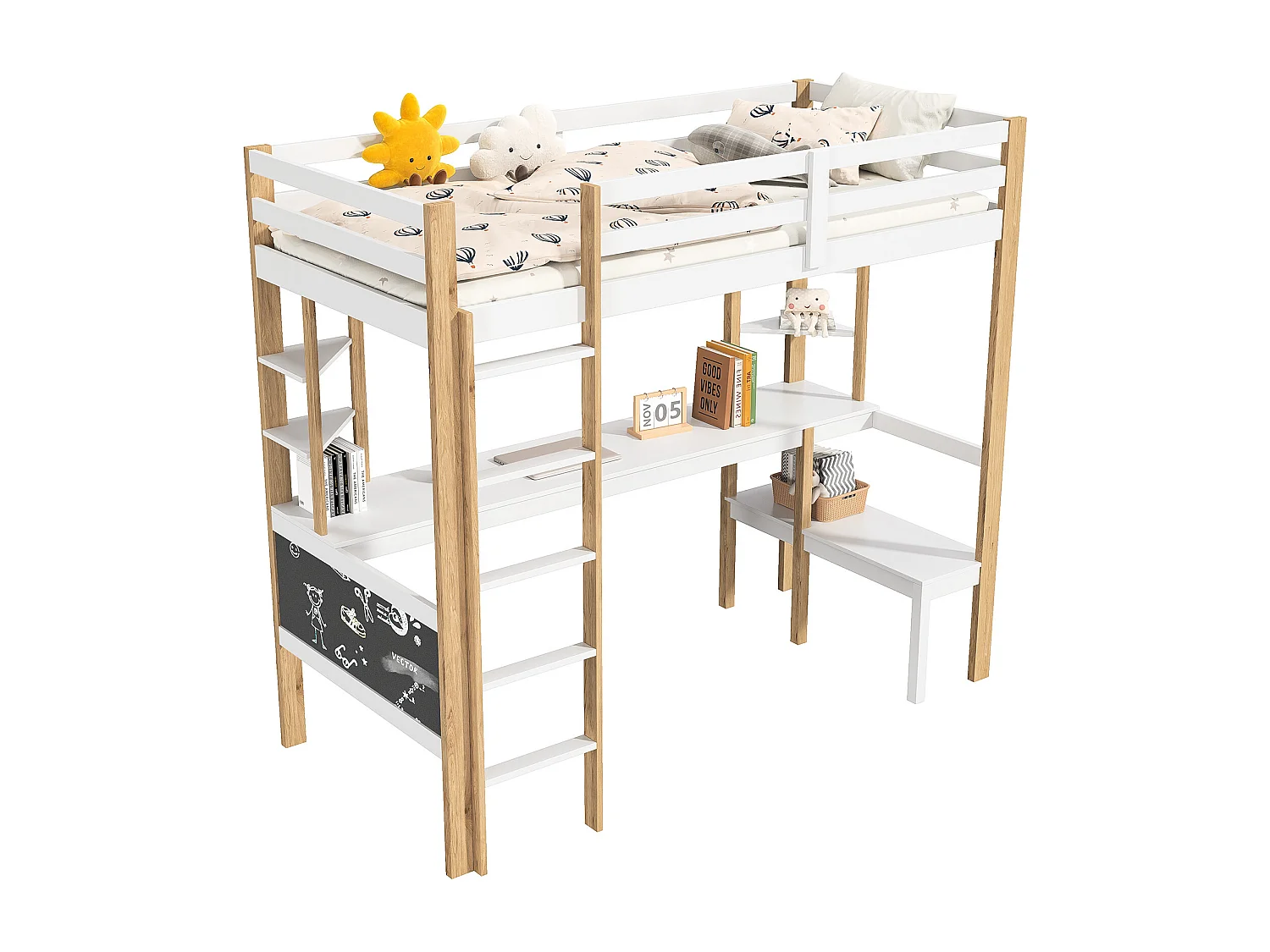 Lit mezzanine 90x200 cm, lit enfant avec bureau et étagères de rangement, échelles, sommier à lattes – Bois + MDF, Blanc + Naturel