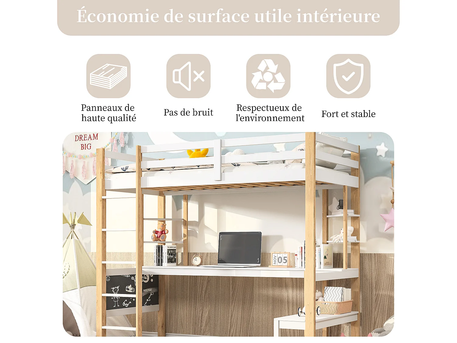 Lit mezzanine 90x200 cm, lit enfant avec bureau et étagères de rangement, échelles, sommier à lattes – Bois + MDF, Blanc + Naturel