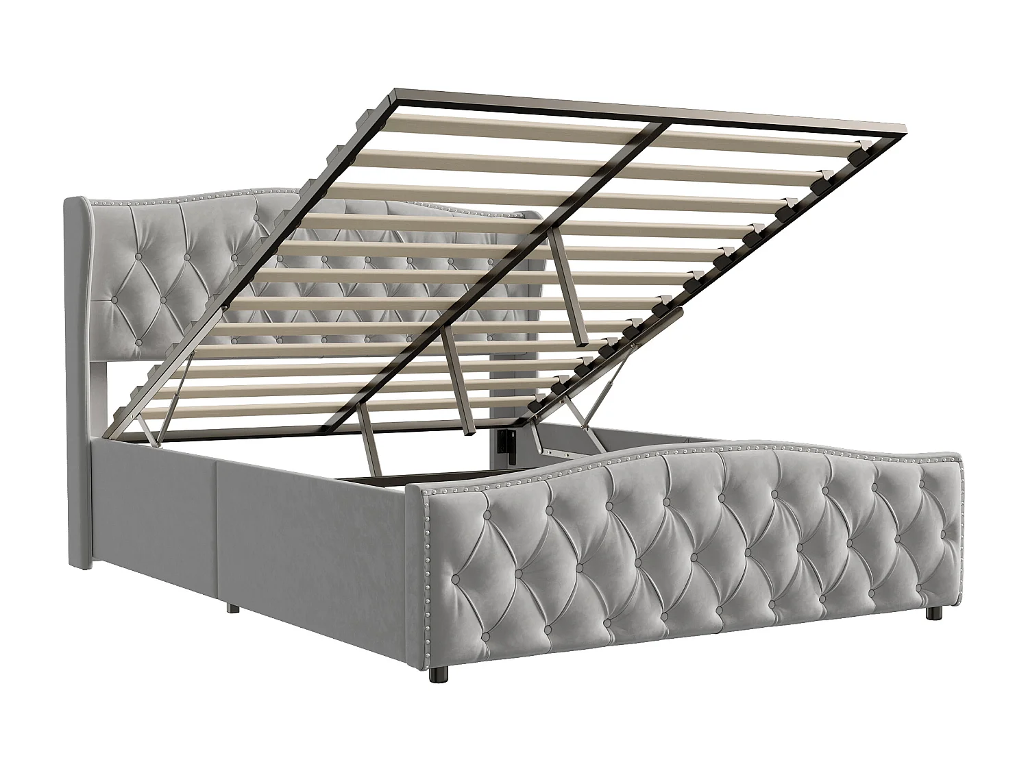 140x200 opbergbed, gestoffeerd bed met lattenbodem, fluweel, grijs