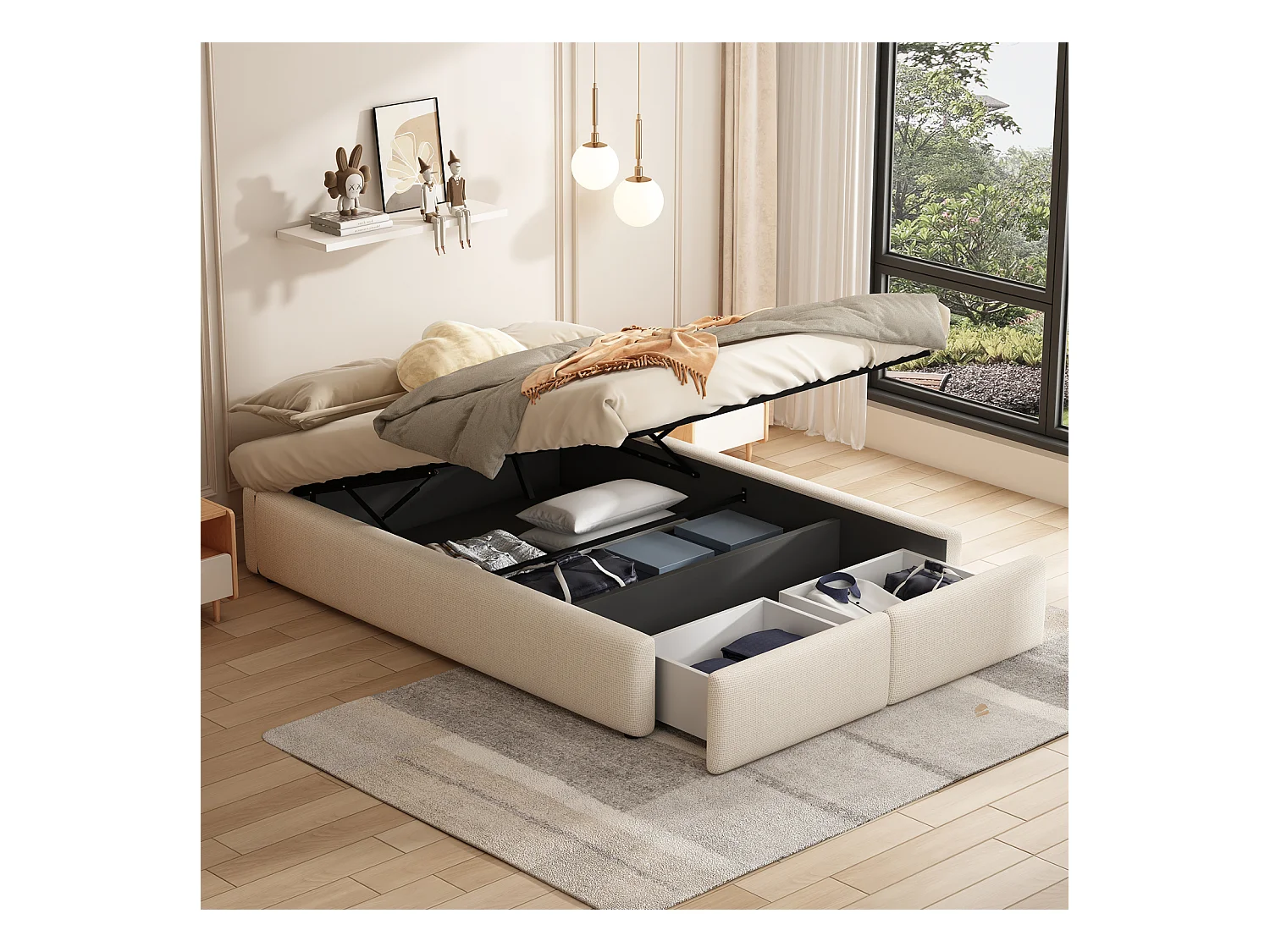 Cama de armazenamento em tecido de linho 160x200 cm com 2 gavetas - base de ripas - sem cabeceira - Bege