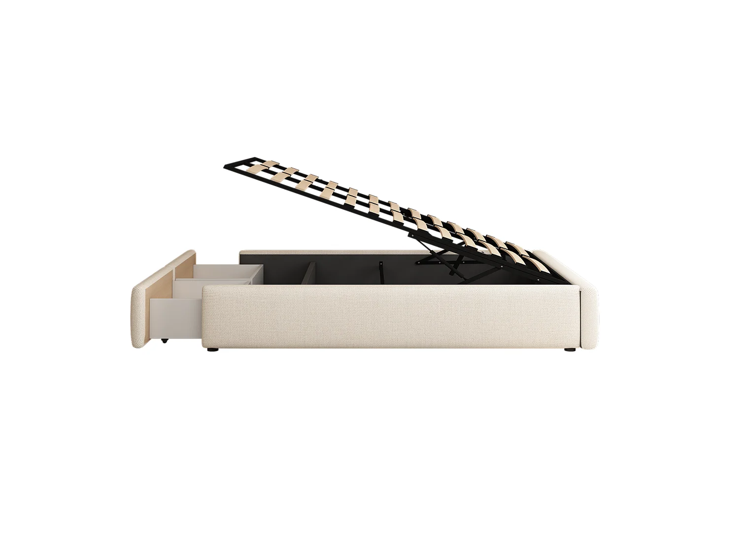 Cama de armazenamento em tecido de linho 160x200 cm com 2 gavetas - base de ripas - sem cabeceira - Bege