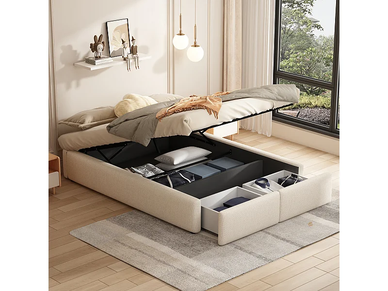 Lit coffre 160x200cm en tissu lin avec 2 tiroirs - sommier à lattes - sans tête de lit - Beige