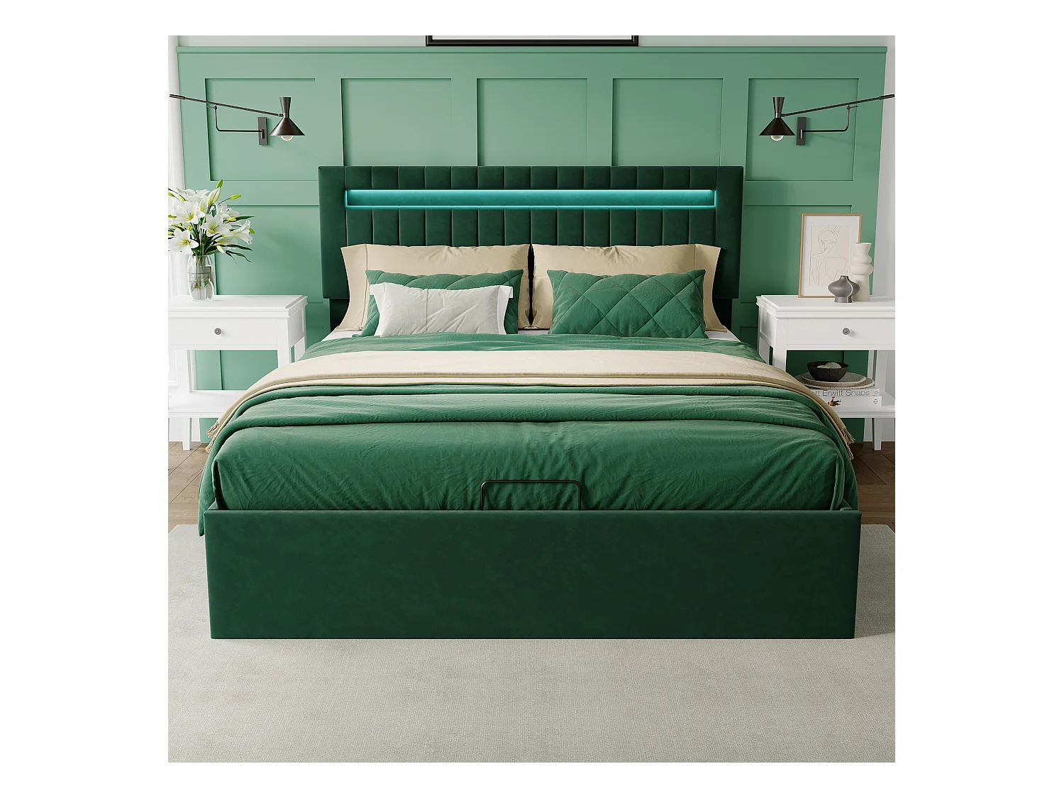 Lit Coffre 140x200cm - Rangement et éclairage LED - Sommier à Lattes - Tête de Lit Réglable - Vert