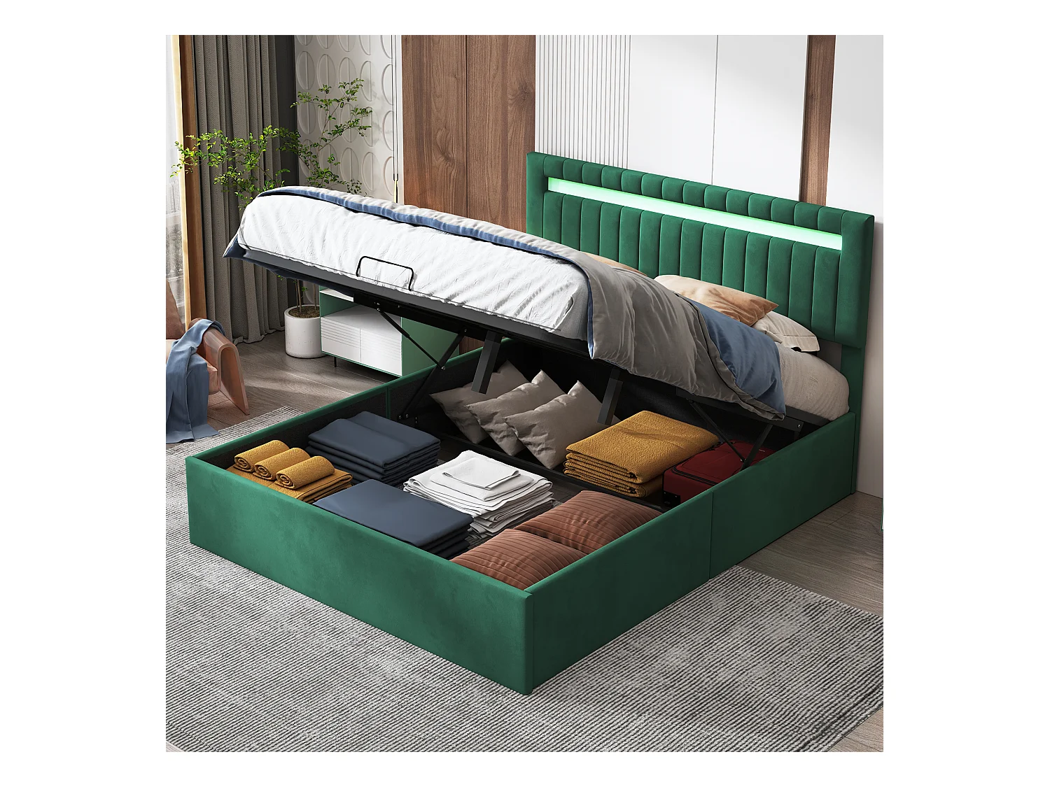 Lit Coffre 140x200cm - Rangement et éclairage LED - Sommier à Lattes - Tête de Lit Réglable - Vert