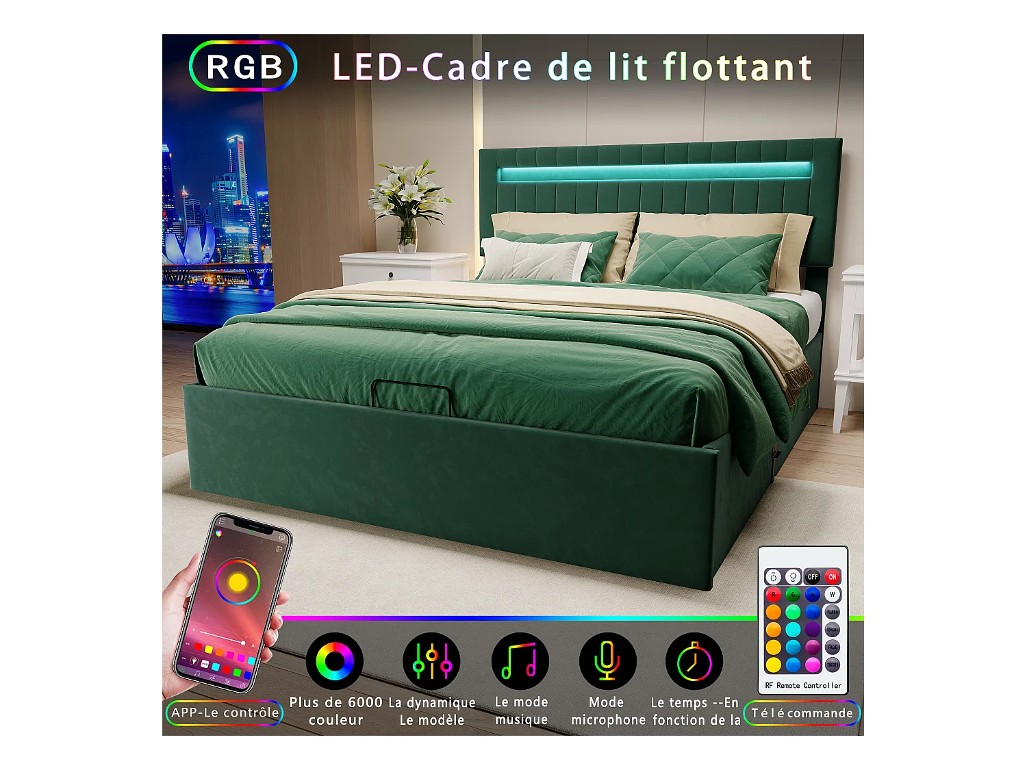 Lit Coffre 140x200cm - Rangement et éclairage LED - Sommier à Lattes - Tête de Lit Réglable - Vert