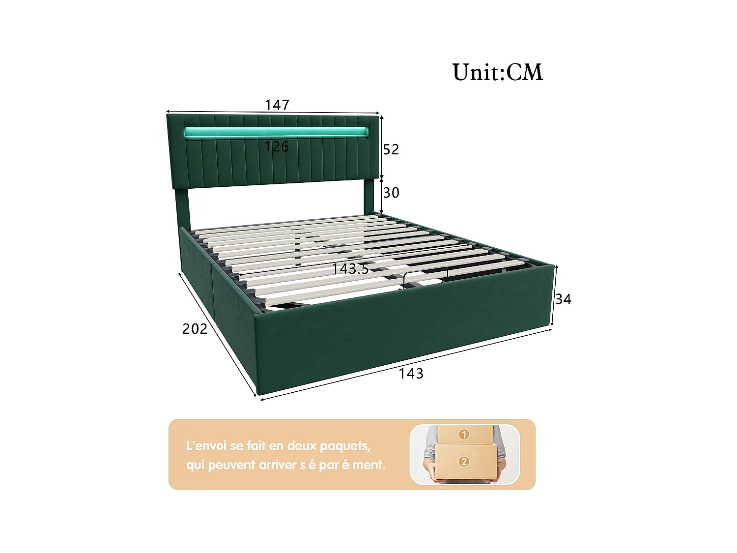 Lit Coffre 140x200cm - Rangement et éclairage LED - Sommier à Lattes - Tête de Lit Réglable - Vert