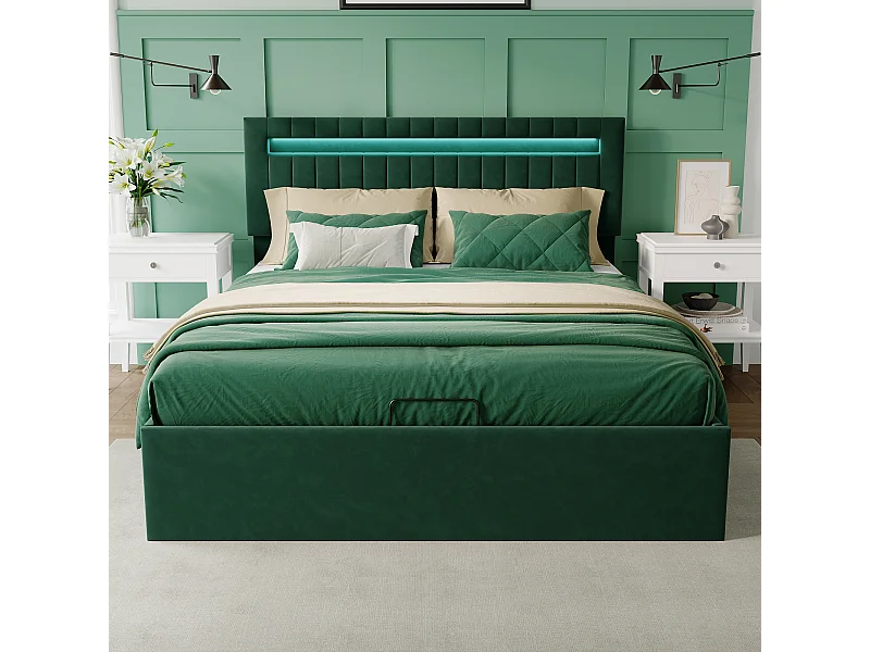 Lit Coffre 140x200cm - Rangement et éclairage LED - Sommier à Lattes - Tête de Lit Réglable - Vert