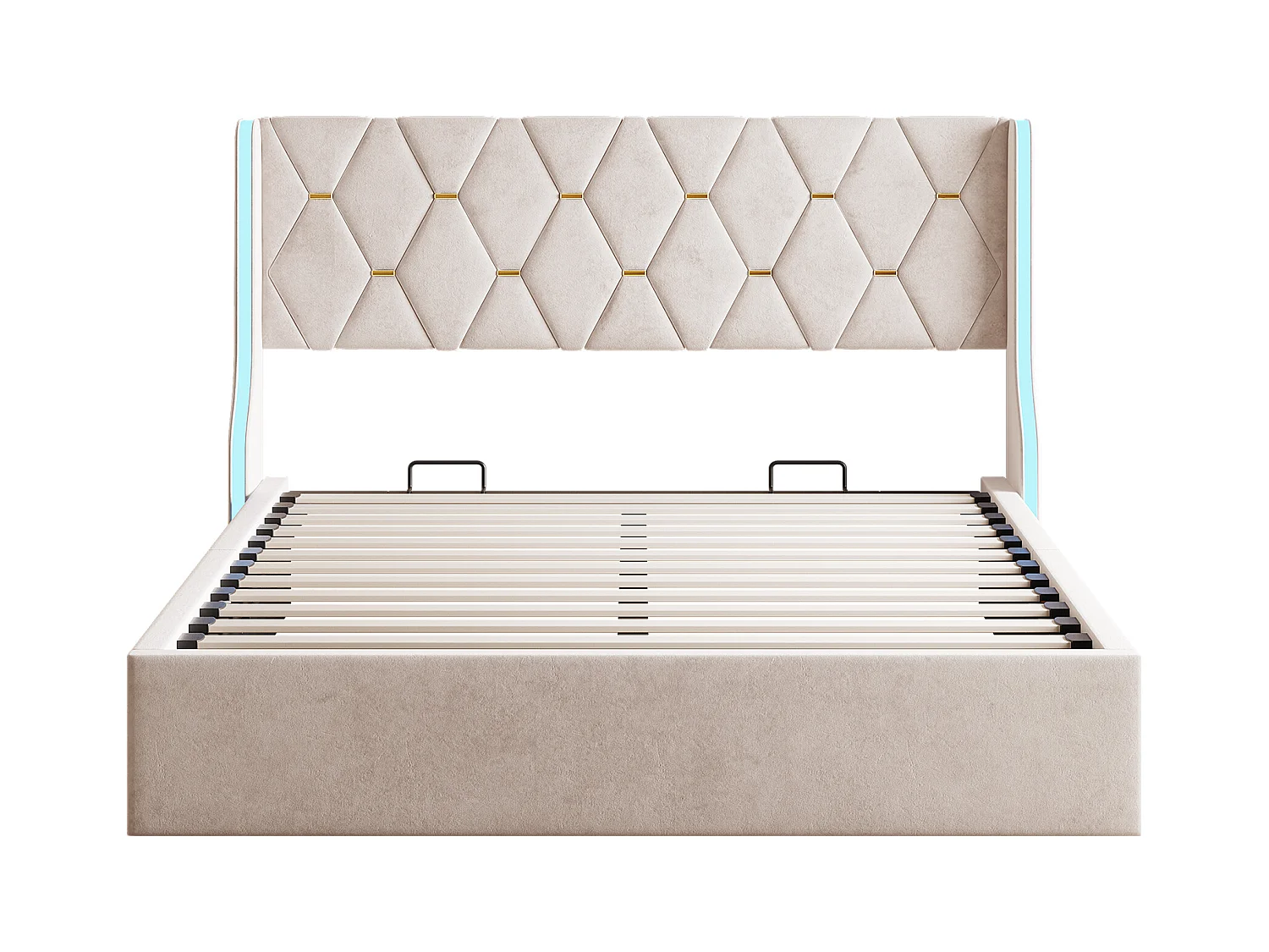 Letto matrimoniale 160 x 200 con base, letto imbottito con contenitore, testiera con luci LED orientabili, velluto, beige