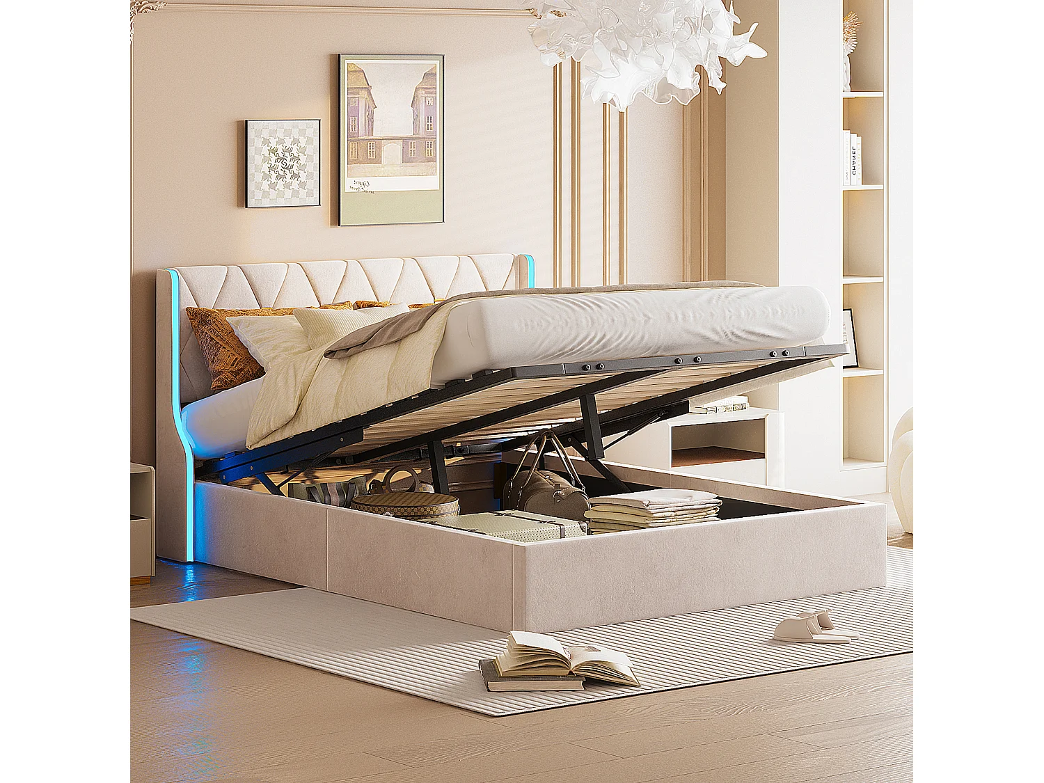 Tweepersoonsbed 160 x 200 met lattenbodem, gestoffeerd bed met opbergruimte, hoofdbord met verstelbare ledverlichting, fluweel, beige