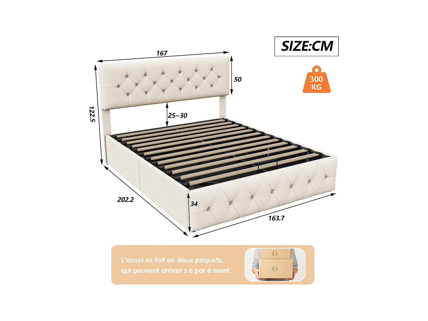 Letto contenitore 160 x 200 cm, letto matrimoniale, tessuto in velluto, beige