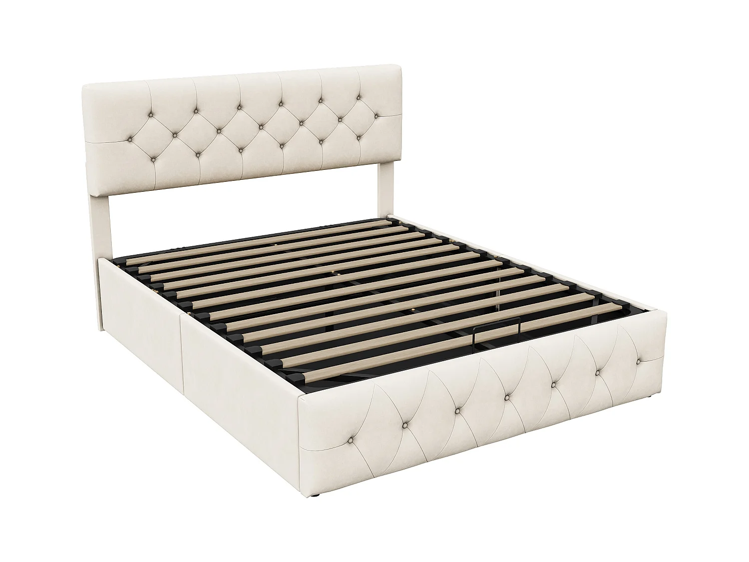 Letto contenitore 160 x 200 cm, letto matrimoniale, tessuto in velluto, beige