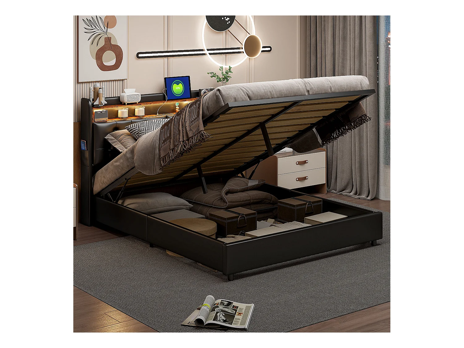 Stauraumbett 160x200cm - Doppelbett mit Lattenrost und LED-Kopfteil mit Ablagen und Ladeanschluss - schwarzes Leder