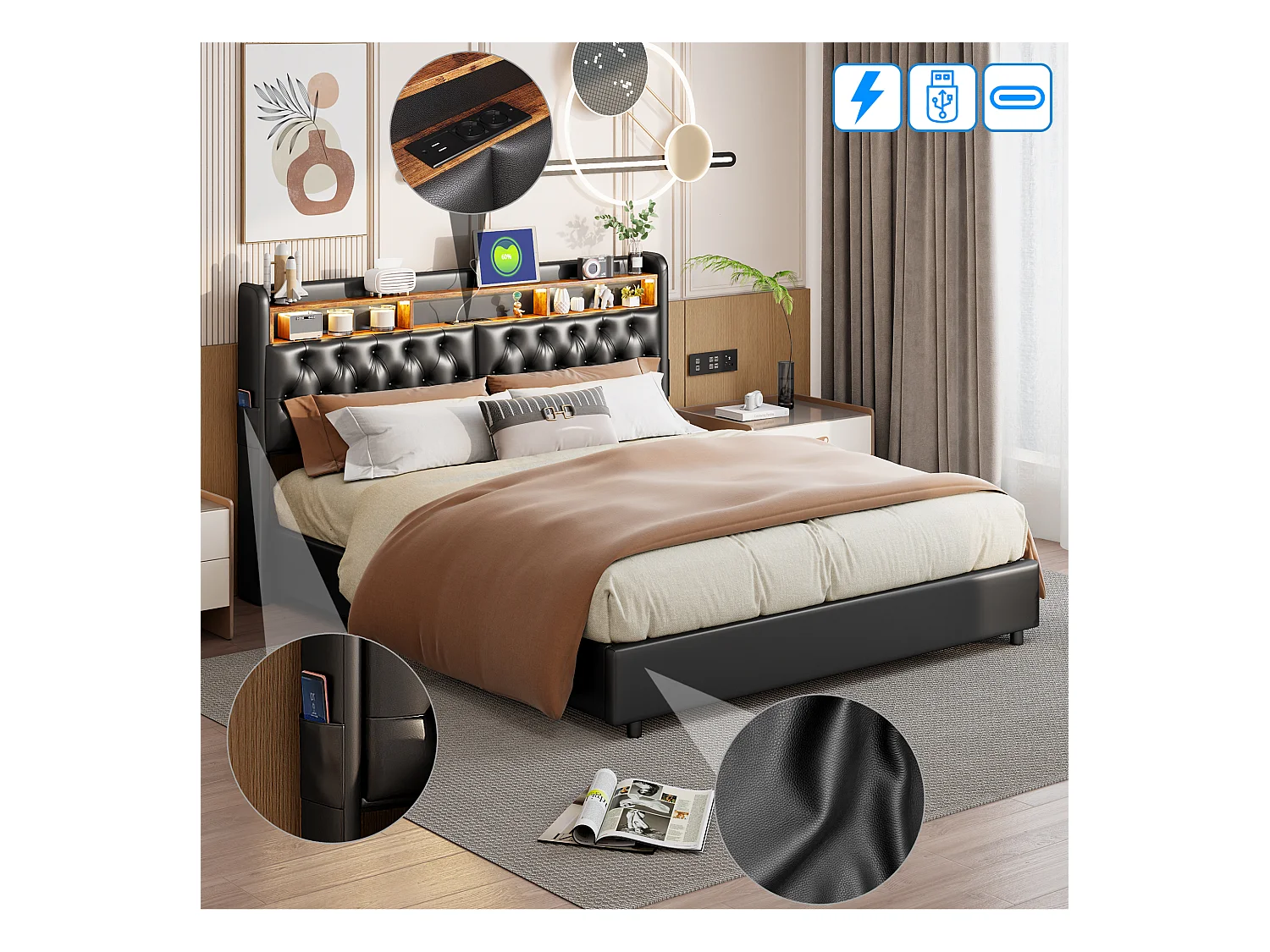 Stauraumbett 160x200cm - Doppelbett mit Lattenrost und LED-Kopfteil mit Ablagen und Ladeanschluss - schwarzes Leder