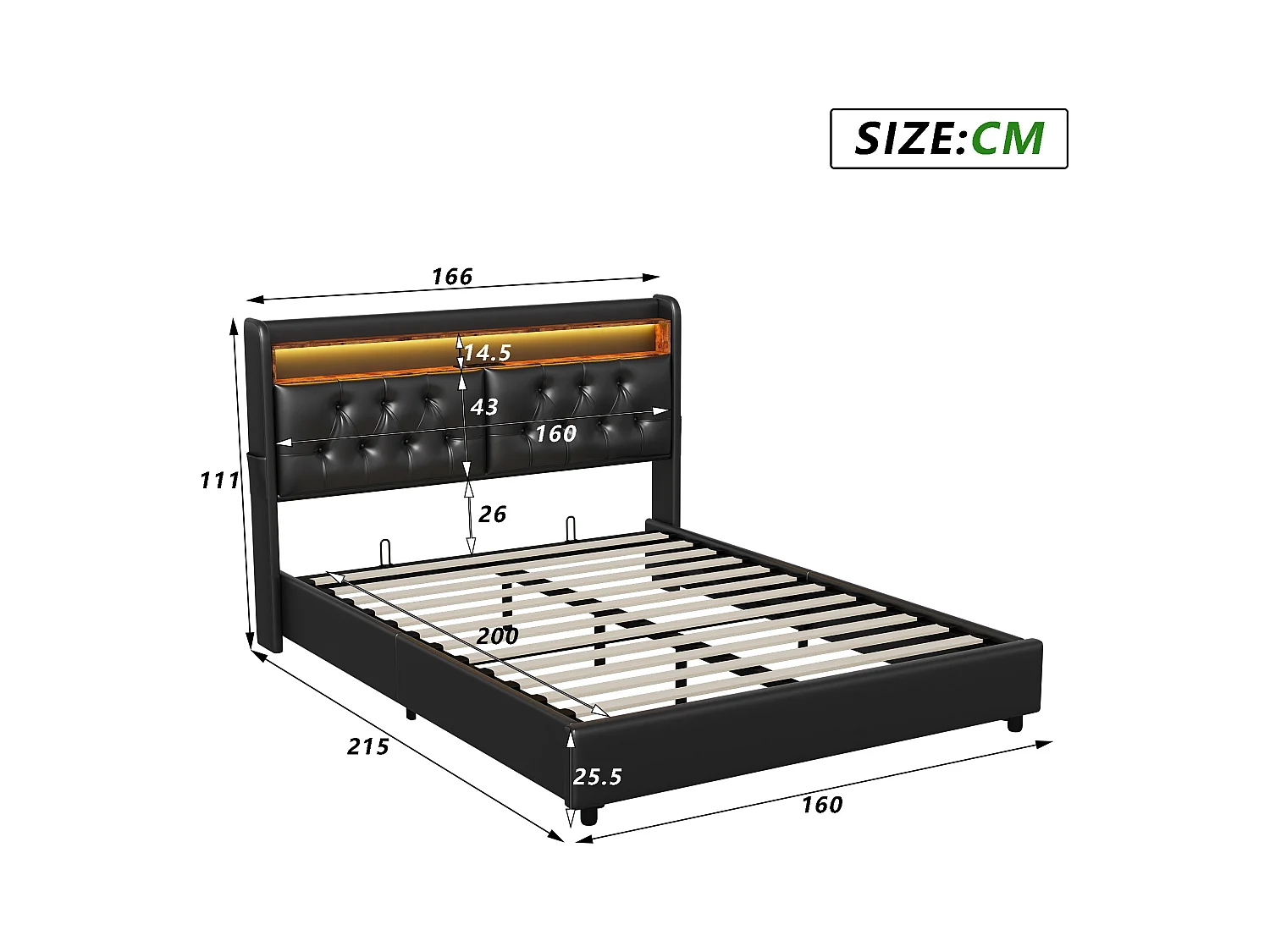 Stauraumbett 160x200cm - Doppelbett mit Lattenrost und LED-Kopfteil mit Ablagen und Ladeanschluss - schwarzes Leder