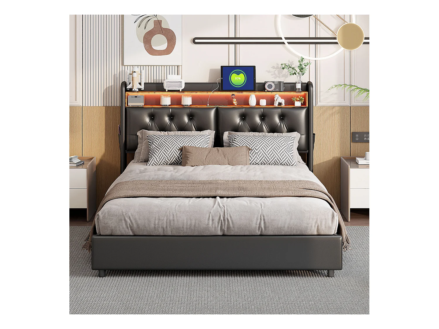 Stauraumbett 160x200cm - Doppelbett mit Lattenrost und LED-Kopfteil mit Ablagen und Ladeanschluss - schwarzes Leder