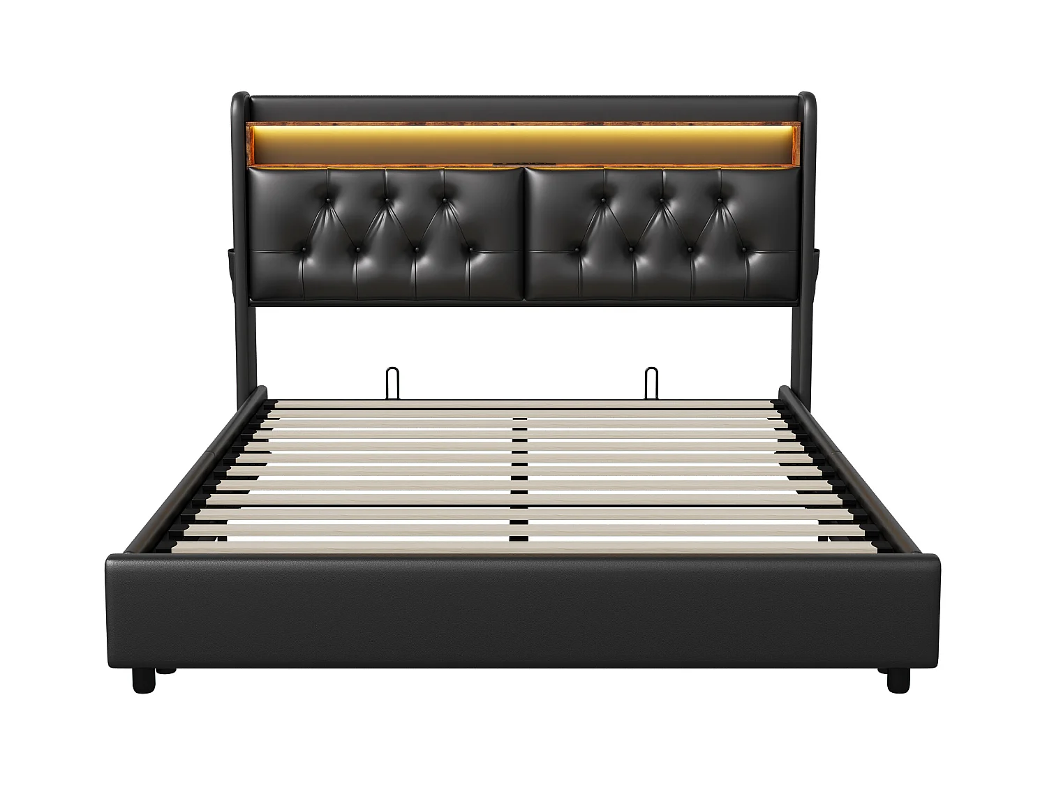 Stauraumbett 160x200cm - Doppelbett mit Lattenrost und LED-Kopfteil mit Ablagen und Ladeanschluss - schwarzes Leder