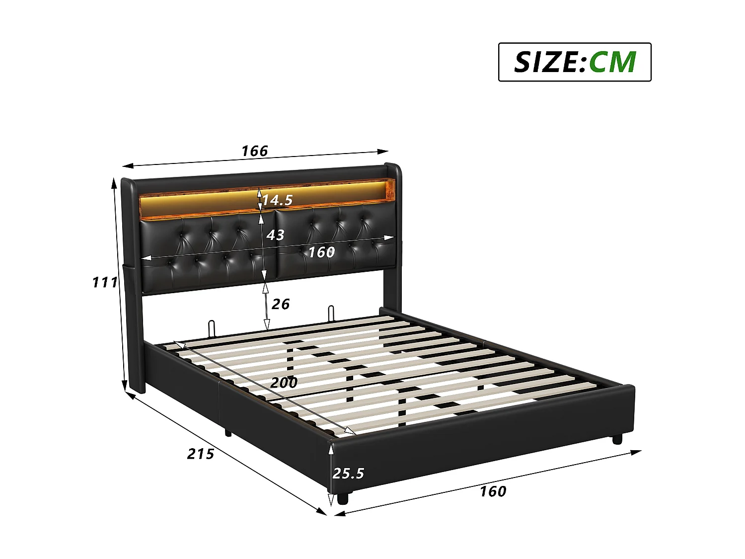 Cama con canapé 160x200cm - cama doble con somier de láminas y cabecero LED con estantes y puerto de carga - piel negra