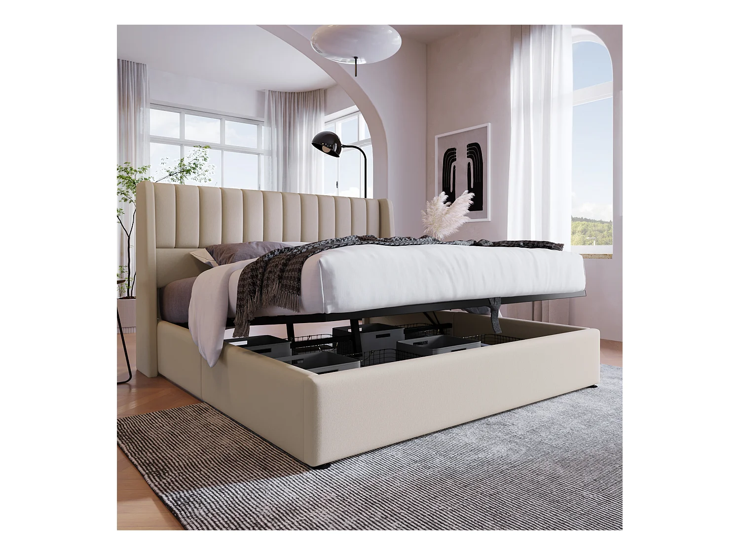 Letto contenitore in tessuto di lino 160x200cm - con testiera e rete a doghe - Beige