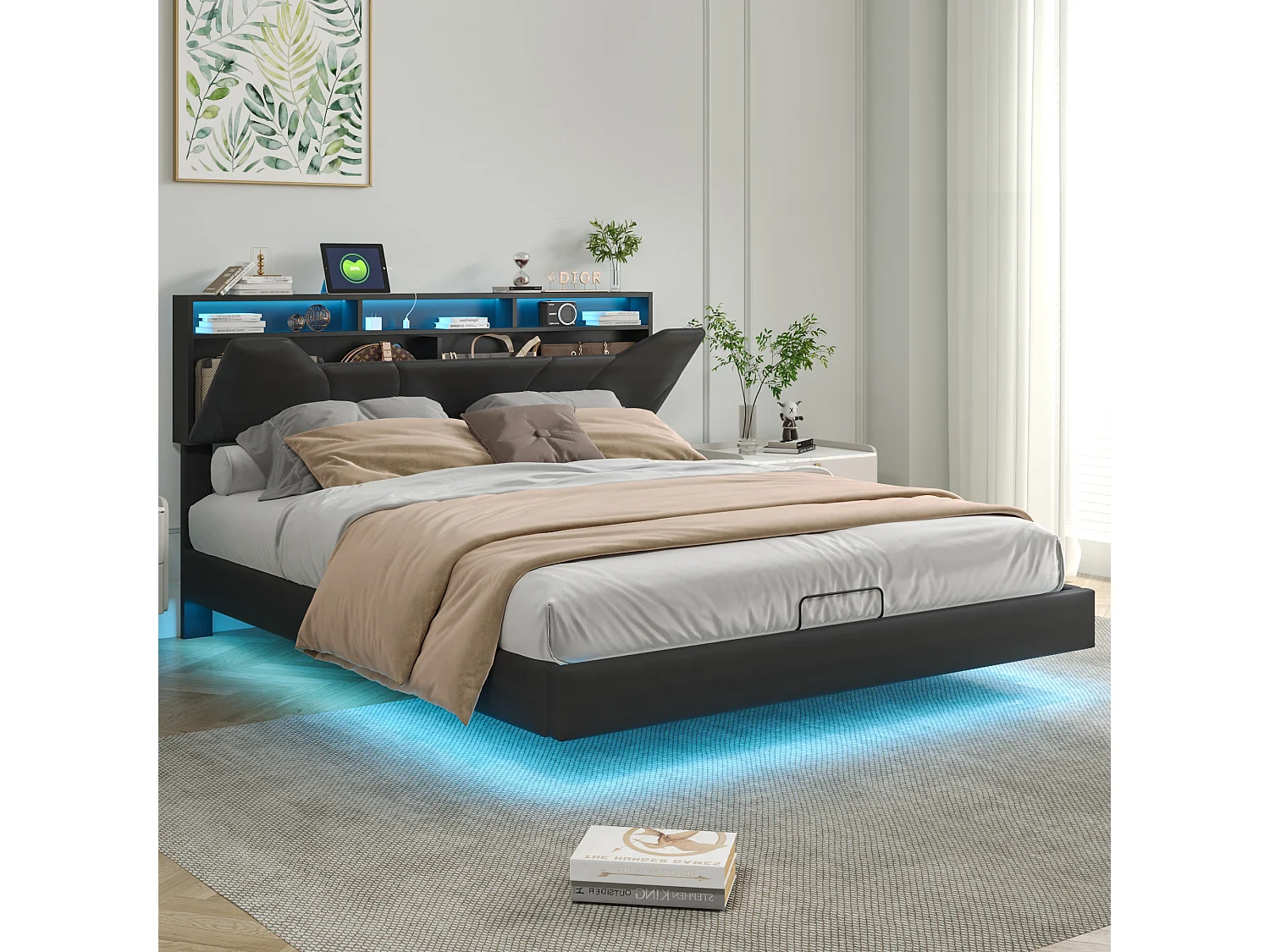 Cama de Casal Estofada 140x200cm - com USB e Luz LED - Estrutura de Cama com Cabeceira e Caixa Organizadora para Cama, em PU - Cinza