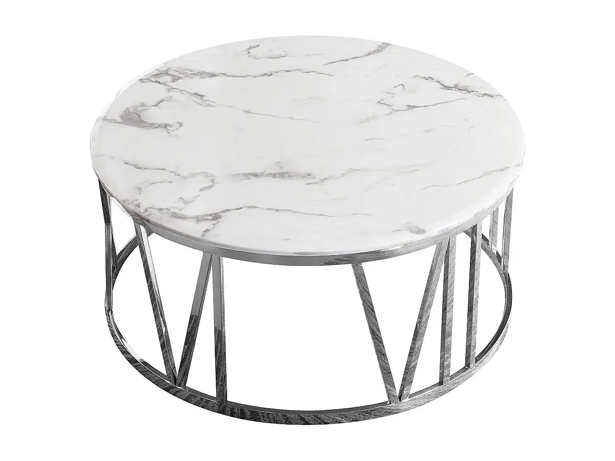 Table Basse ATMOS Ronde Plateau Verre Trempé Marbré Blanc Pieds Chrome D80x45cm