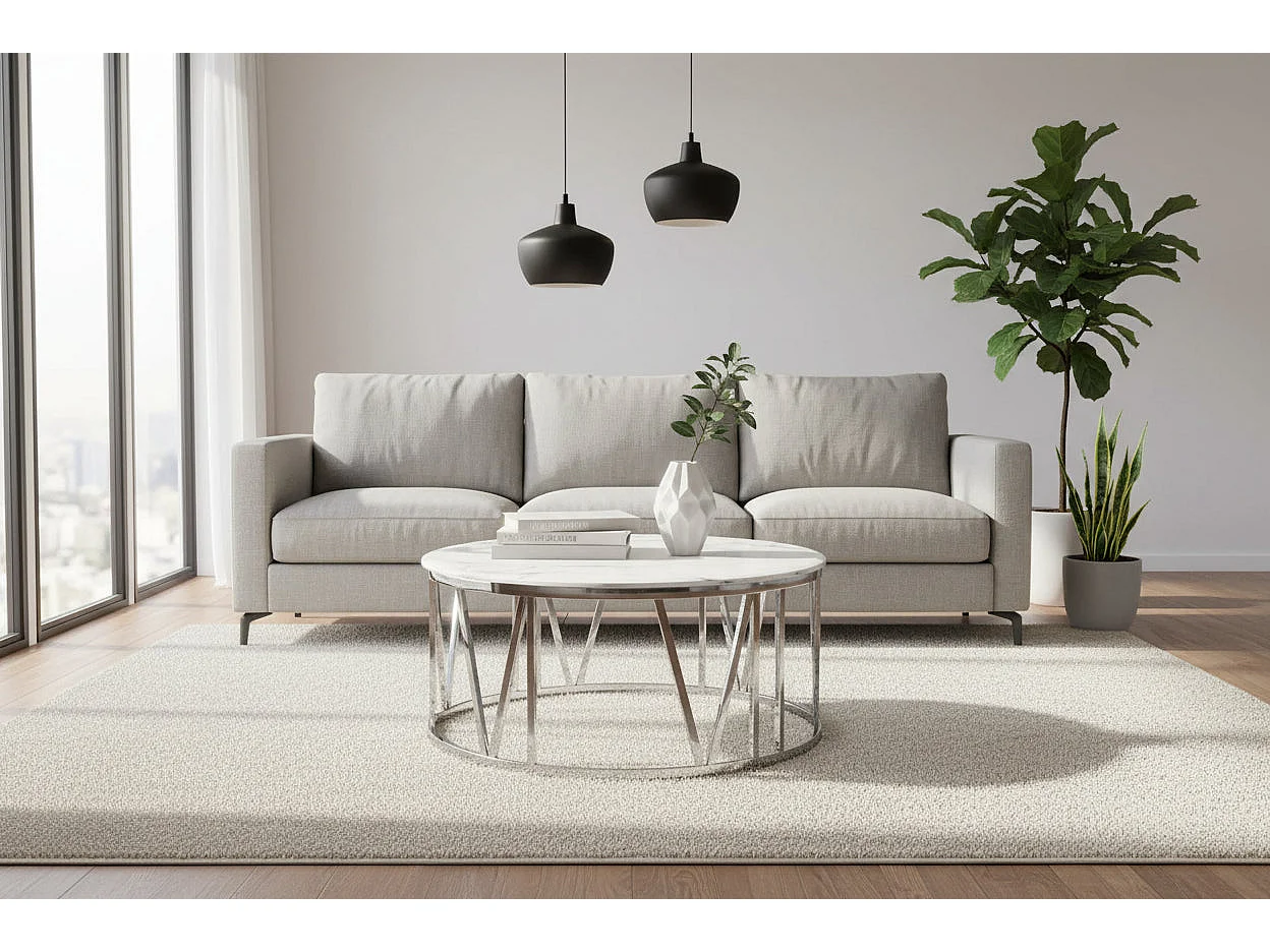 Table Basse ATMOS Ronde Plateau Verre Trempé Marbré Blanc Pieds Chrome D80x45cm