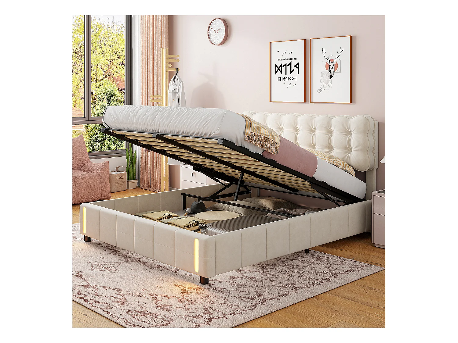 Cama de 140x190 con somier de láminas, cama doble tapizada con palanca hidráulica, luces LED al pie de la cama, terciopelo, Beige