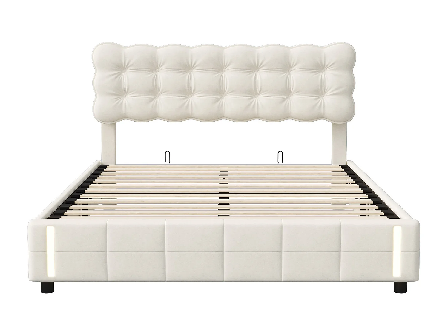 Cama 140 x 190 com estrado de ripas, cama de casal estofada com alavanca hidráulica, luzes LED na ponta da cama, veludo, bege