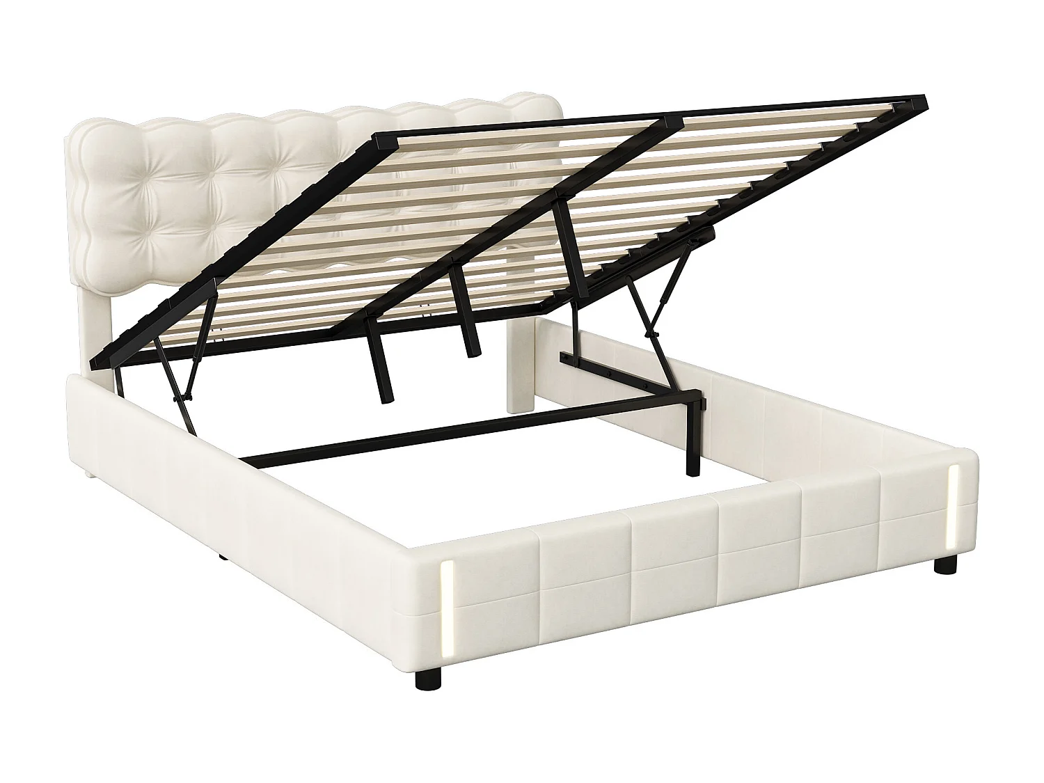 Cama 140 x 190 com estrado de ripas, cama de casal estofada com alavanca hidráulica, luzes LED na ponta da cama, veludo, bege