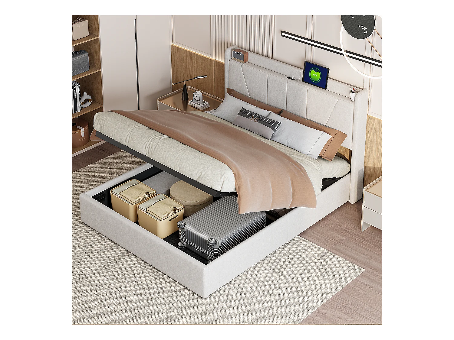 Lit coffre 140x200cm en tissu lin avec port USB - tête de lit et sommier à lattes - Beige