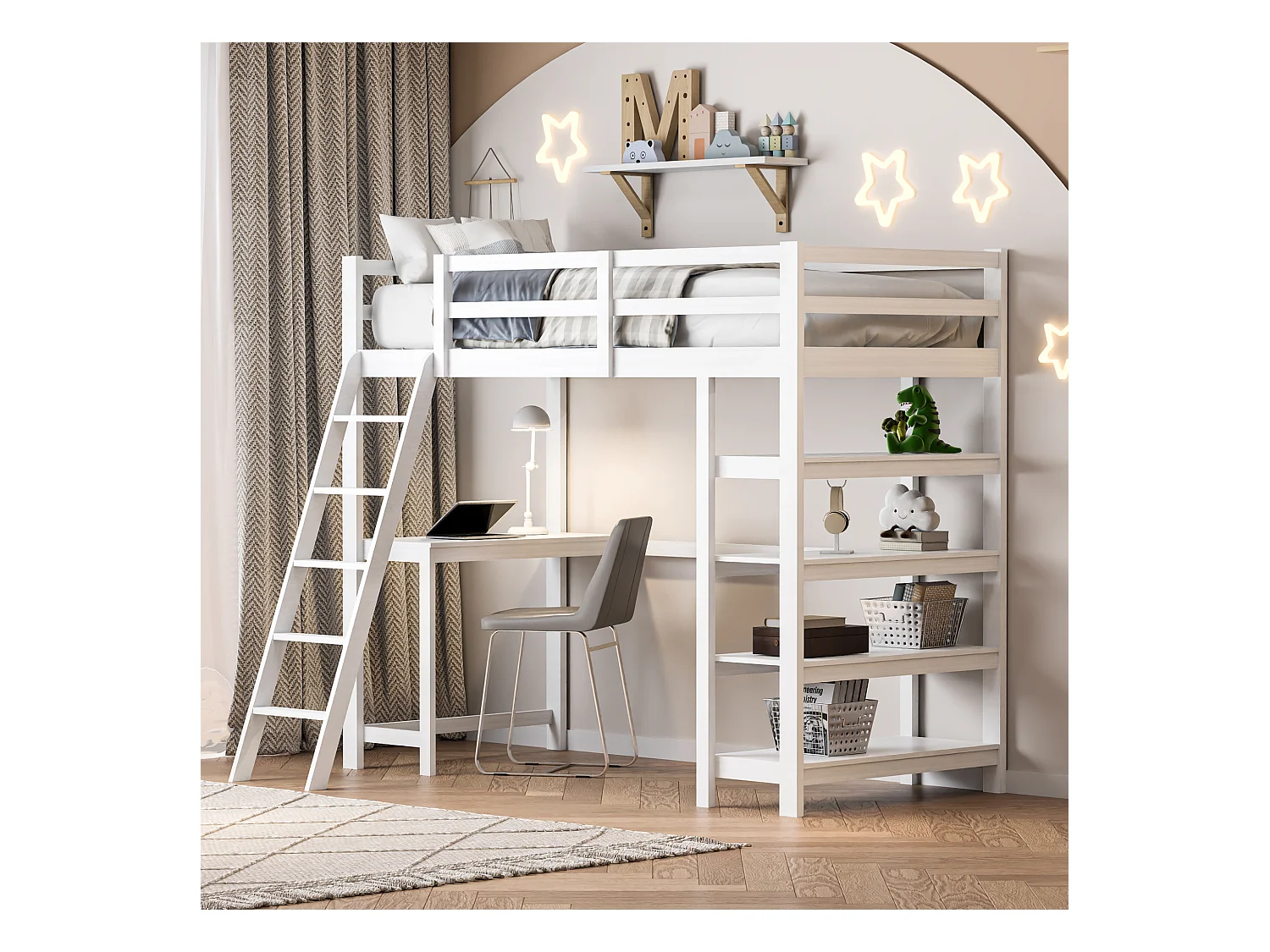 Kinderhoogslaper 90x200 cm, met opbergvakken en bureau onder het bed, vierlaagse plank - Wit, functioneel en ruimtebesparend