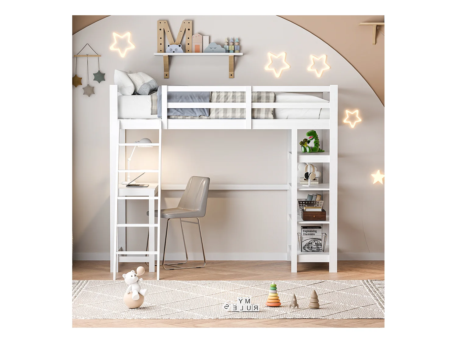 Kinderhoogslaper 90x200 cm, met opbergvakken en bureau onder het bed, vierlaagse plank - Wit, functioneel en ruimtebesparend