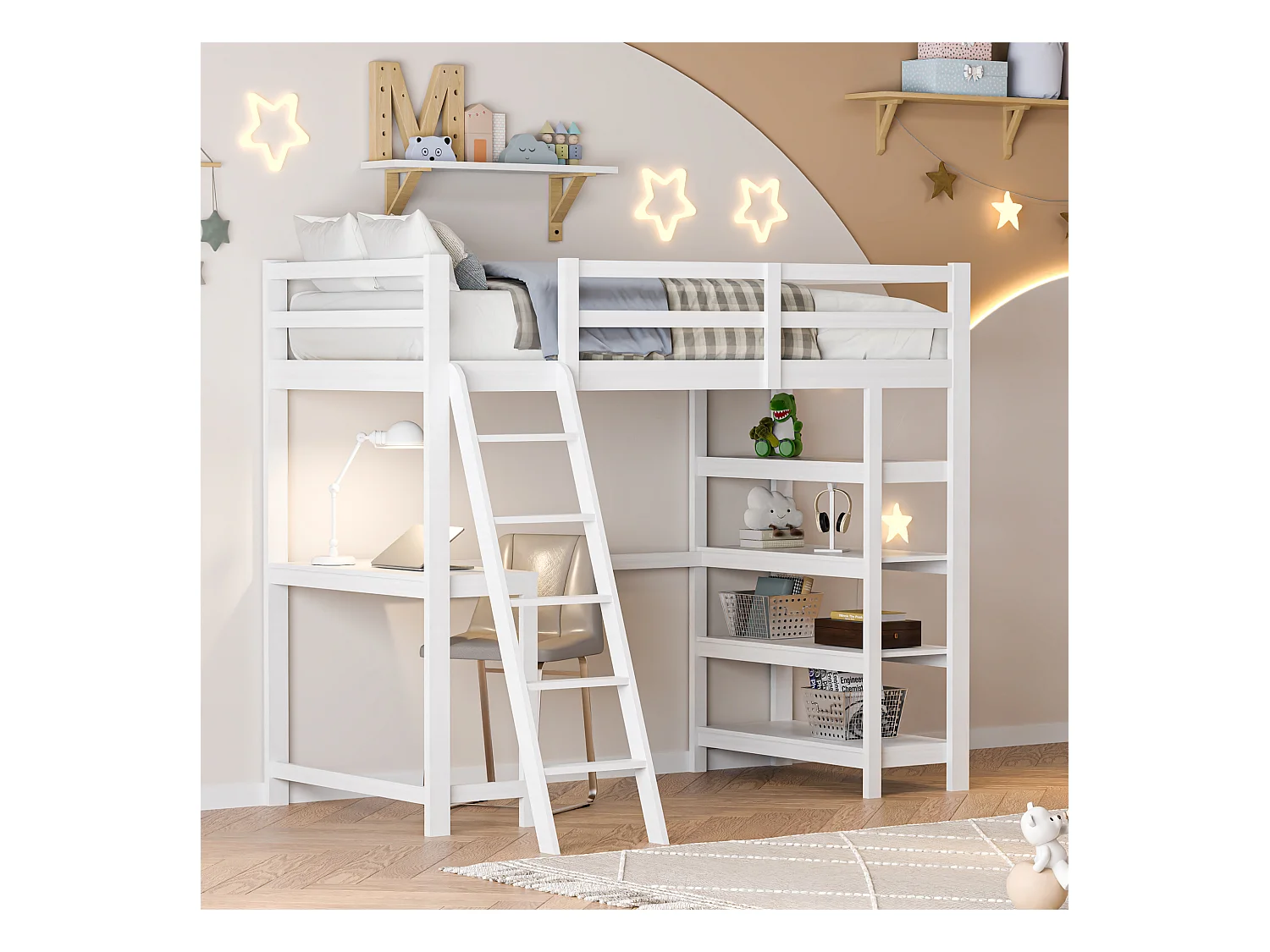 Kinderhoogslaper 90x200 cm, met opbergvakken en bureau onder het bed, vierlaagse plank - Wit, functioneel en ruimtebesparend