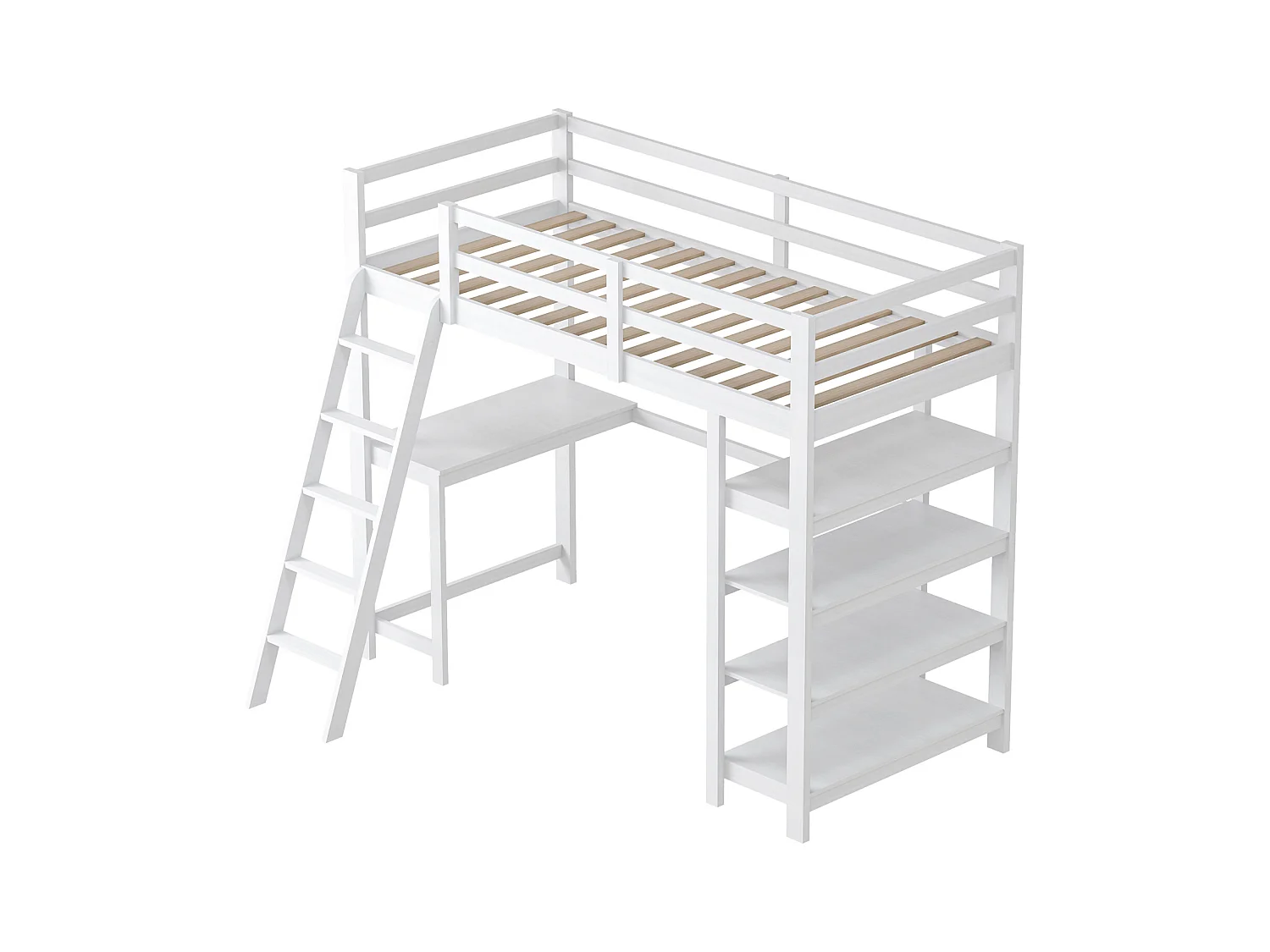 Kinderhoogslaper 90x200 cm, met opbergvakken en bureau onder het bed, vierlaagse plank - Wit, functioneel en ruimtebesparend