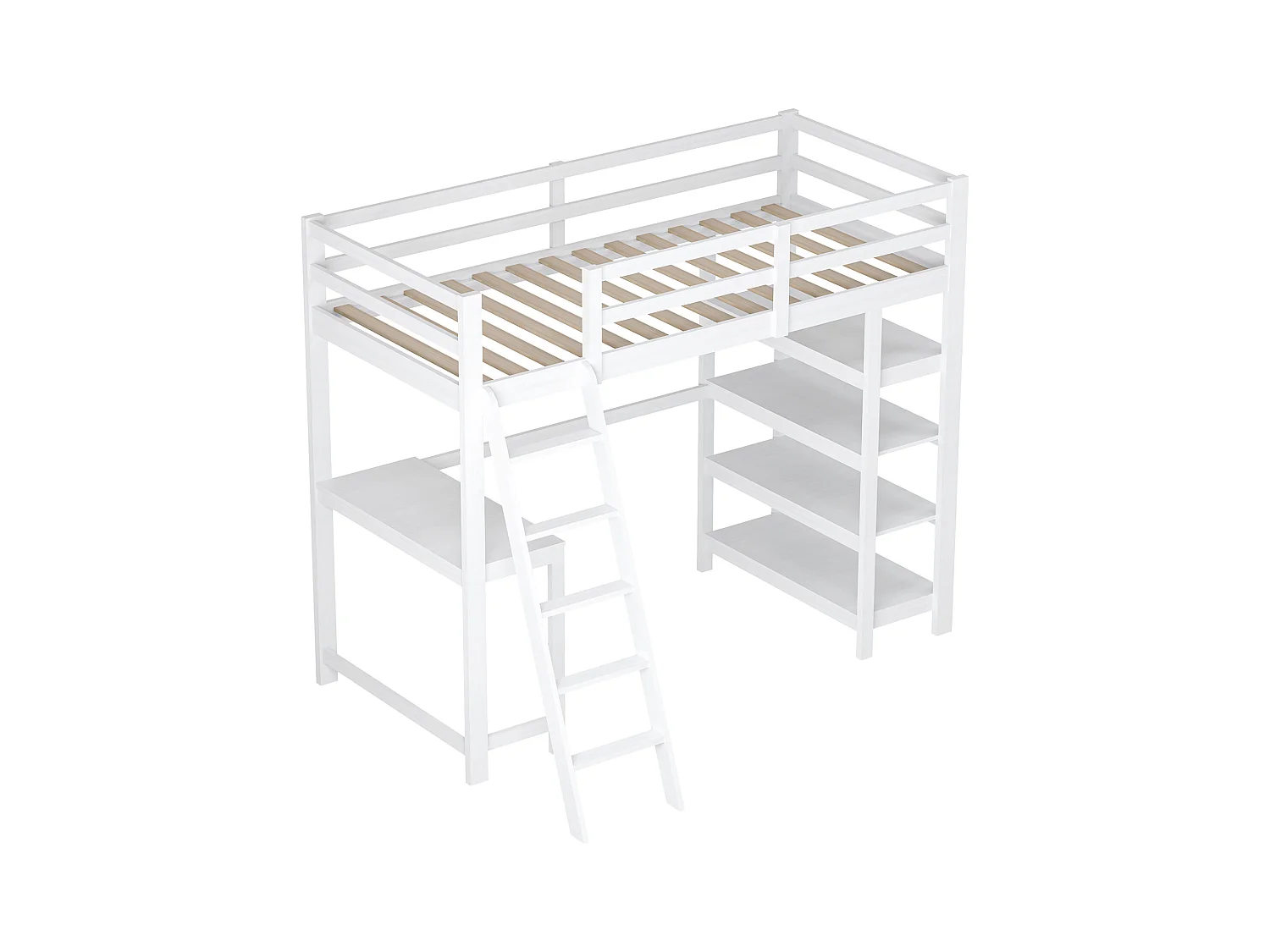 Kinderhoogslaper 90x200 cm, met opbergvakken en bureau onder het bed, vierlaagse plank - Wit, functioneel en ruimtebesparend