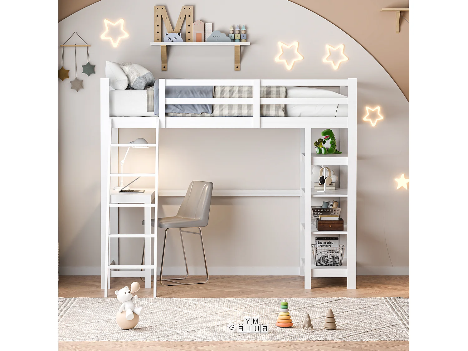 Lit mezzanine pour enfant 90x200 cm, avec compartiments de rangement et bureau sous le lit, étagère à quatre couches – Blanc, fonctionnel et peu encombrant
