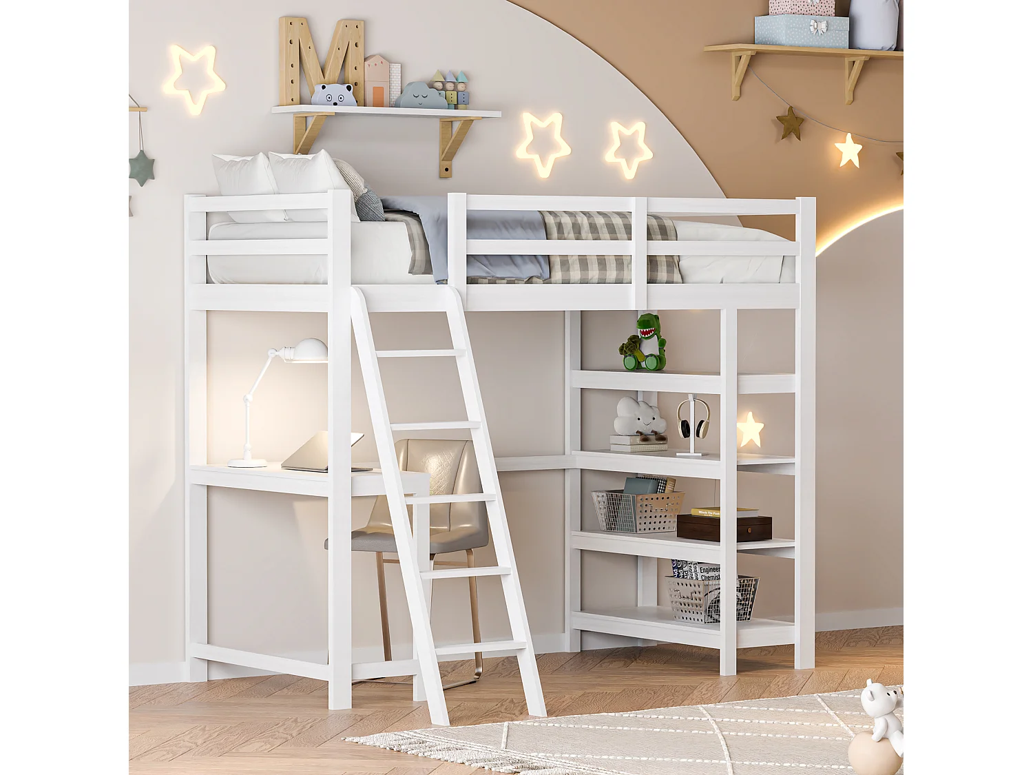 Lit mezzanine pour enfant 90x200 cm, avec compartiments de rangement et bureau sous le lit, étagère à quatre couches – Blanc, fonctionnel et peu encombrant