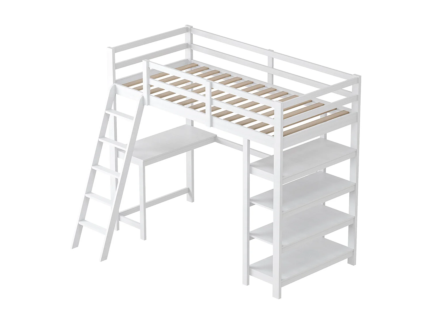 Lit mezzanine pour enfant 90x200 cm, avec compartiments de rangement et bureau sous le lit, étagère à quatre couches – Blanc, fonctionnel et peu encombrant