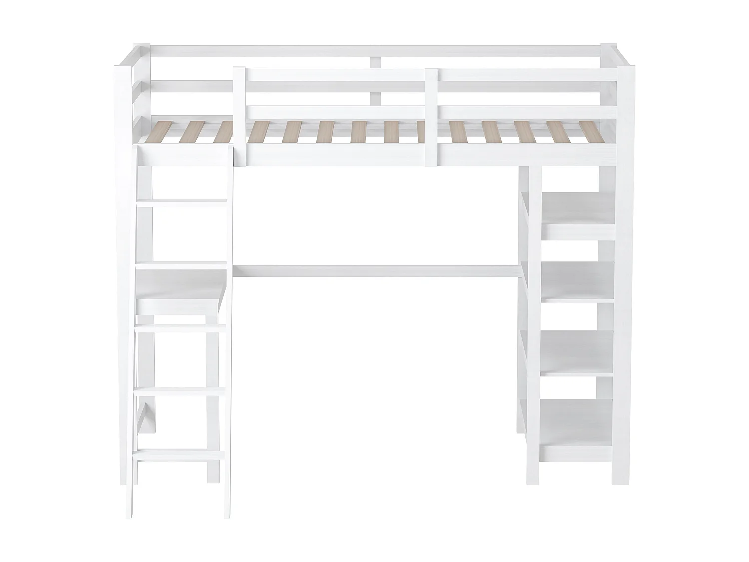 Lit mezzanine pour enfant 90x200 cm, avec compartiments de rangement et bureau sous le lit, étagère à quatre couches – Blanc, fonctionnel et peu encombrant