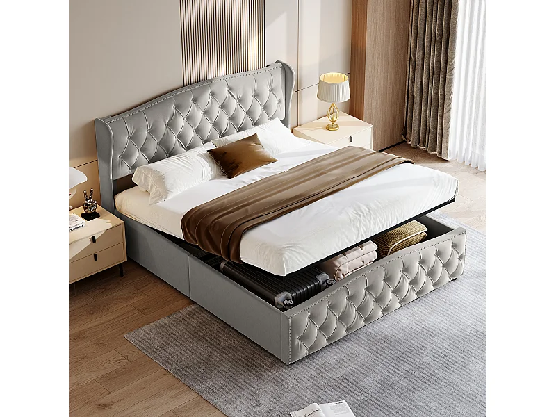 Cama de armazenamento 160x200, cama estofada com base de ripas, veludo, cinza