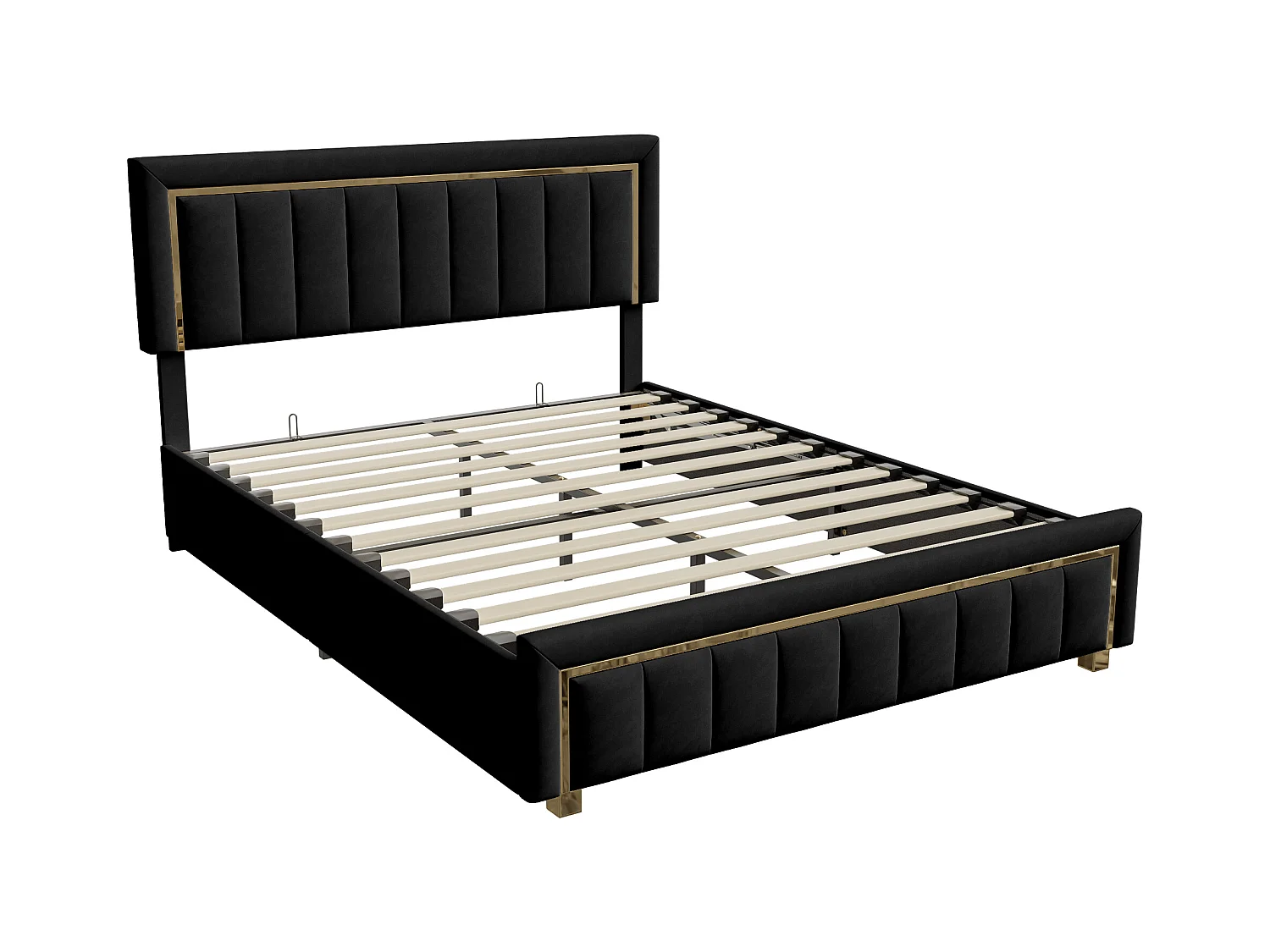 Lit coffre 140x200cm, lit double avec sommier à lattes et tête de lit et pied avec bordure dorée plaquée, bois & flanelle, beige blanc