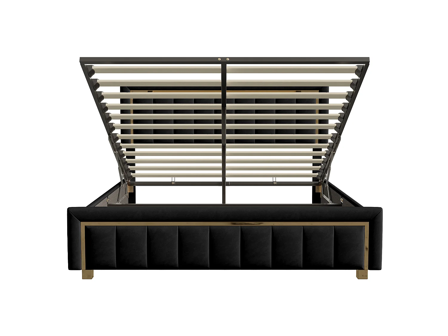 Lit coffre 140x200cm, lit double avec sommier à lattes et tête de lit et pied avec bordure dorée plaquée, bois & flanelle, beige blanc