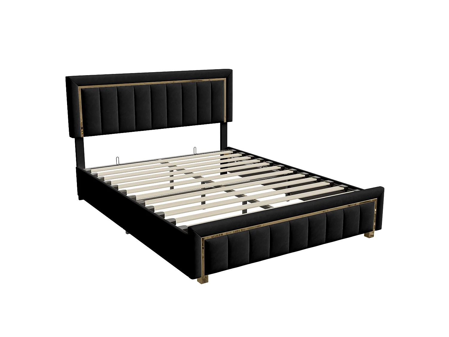 Lit coffre 140x200cm, lit double avec sommier à lattes et tête de lit et pied avec bordure dorée plaquée, bois & flanelle, beige blanc