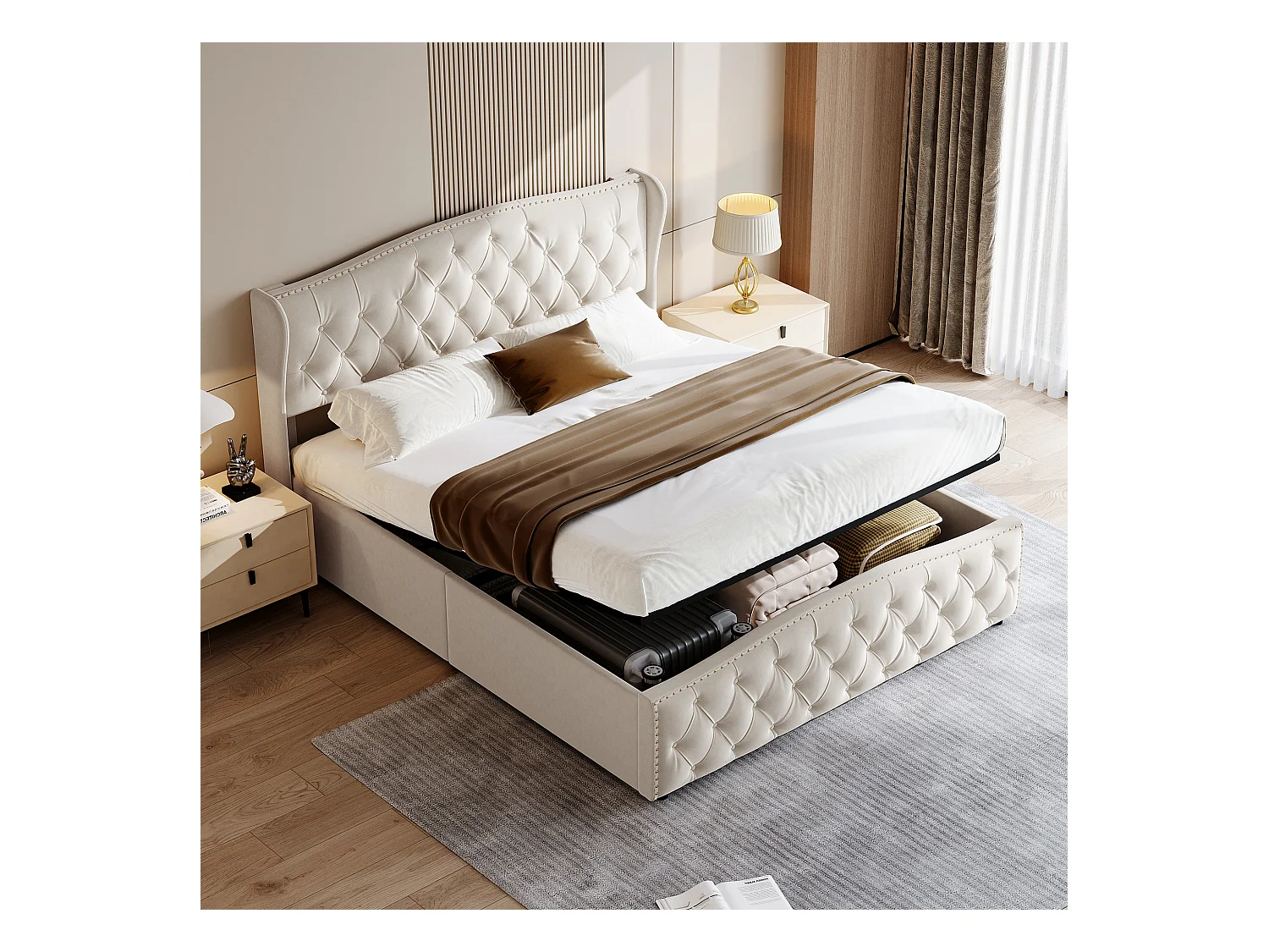 Letto contenitore 160x200, letto imbottito con rete a doghe, velluto, beige