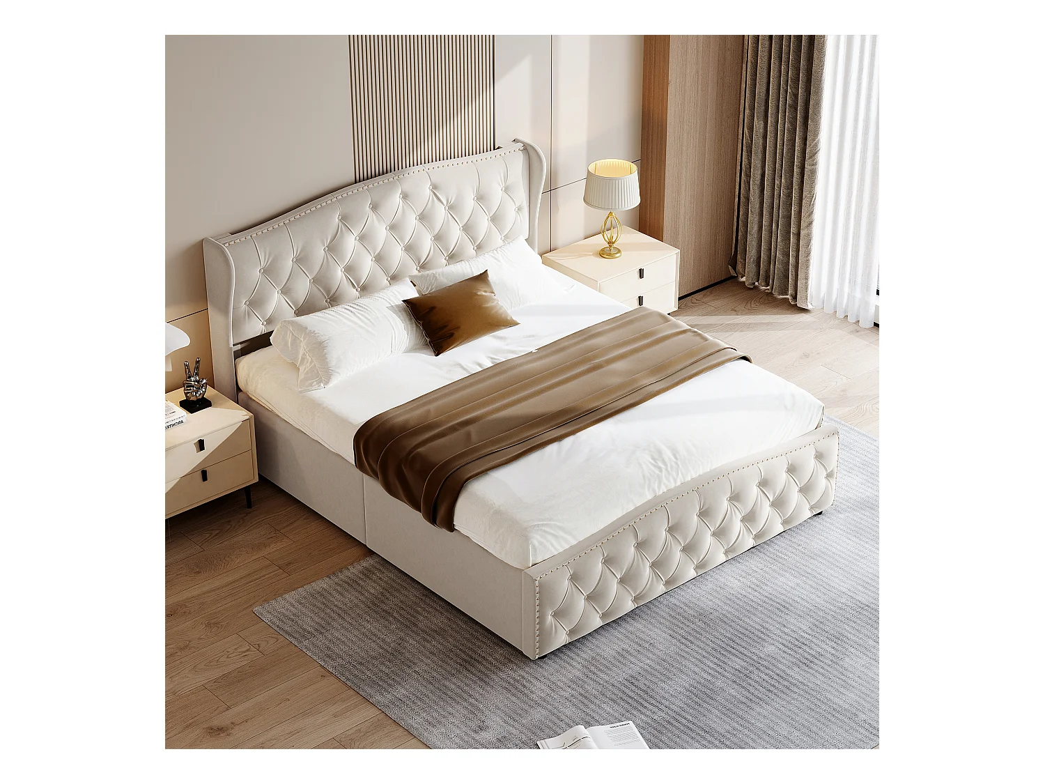 Letto contenitore 160x200, letto imbottito con rete a doghe, velluto, beige