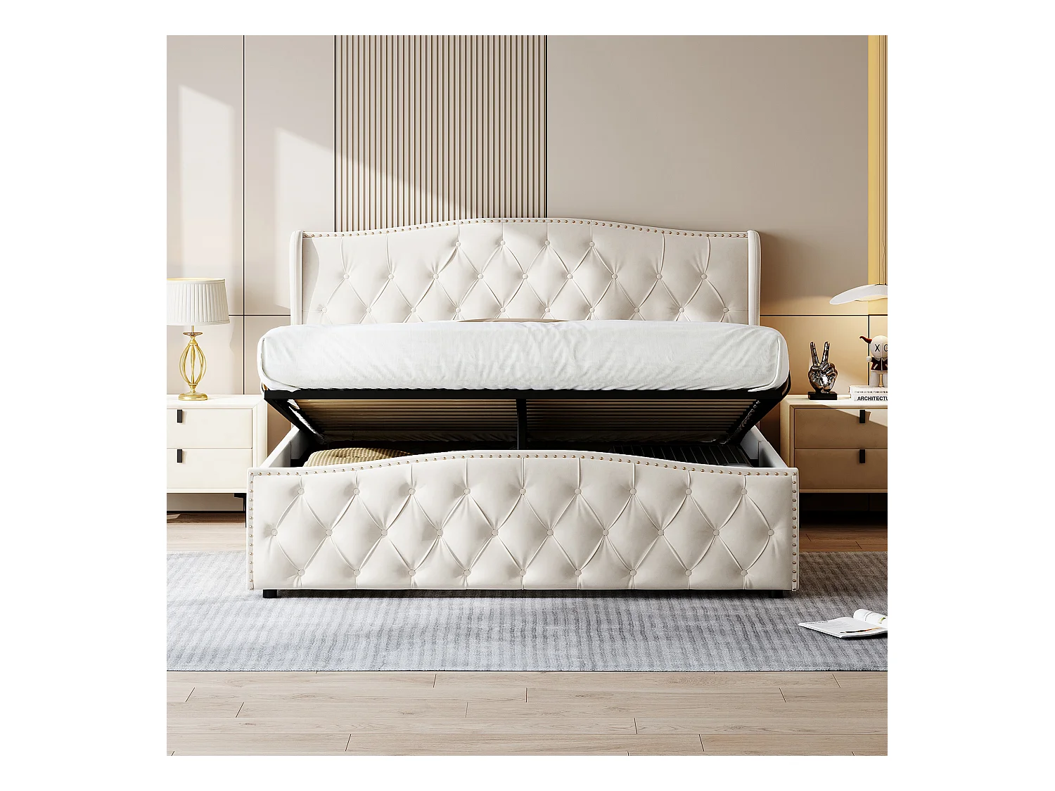 Letto contenitore 160x200, letto imbottito con rete a doghe, velluto, beige