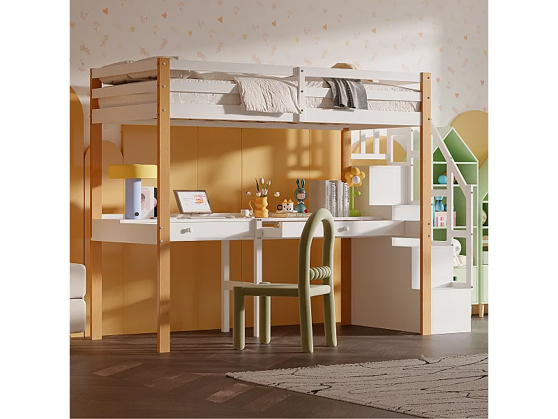 Etagenbett 90x200 cm, Hochbett mit Schreibtisch, Kinderbett mit Stauraumtreppe, Sicherheitsgeländer, weiß