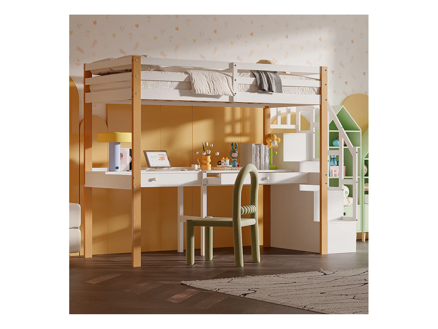 Etagenbett 90x200 cm, Hochbett mit Schreibtisch, Kinderbett mit Stauraumtreppe, Sicherheitsgeländer, weiß